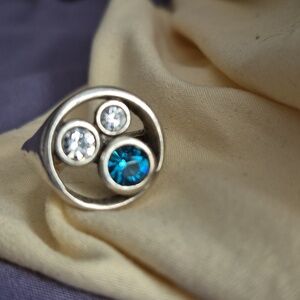 Handcrafted Geometric Swarovski Crystal Blue & Clear  Brass .925 Silver Ring